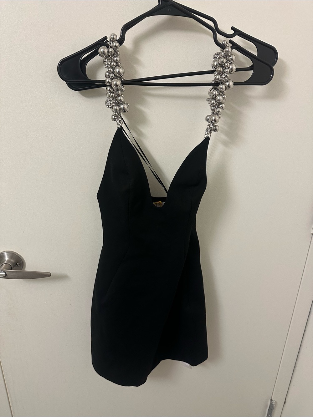 AREA Black Mini Dress with Statement Silver Beaded Straps